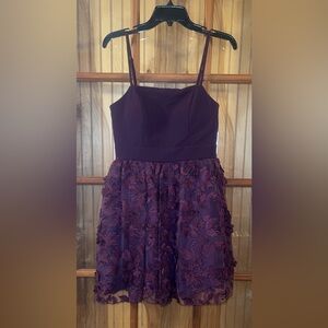 TRIXXI Plum Floral Appliqué Party Dress with Spaghetti Straps